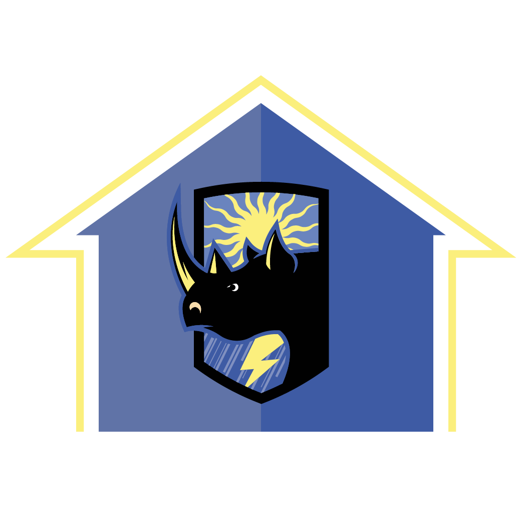 A blue house outline frames a shield logo featuring a black rhino head, a yellow sun, and a lightning bolt