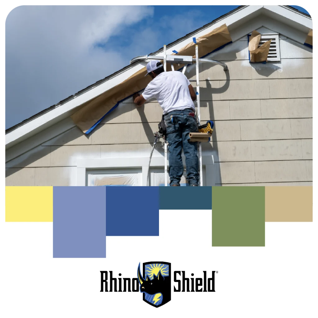 A person on a ladder paints the side of a house with masked windows, presented above color swatches and the Rhino Shield logo
